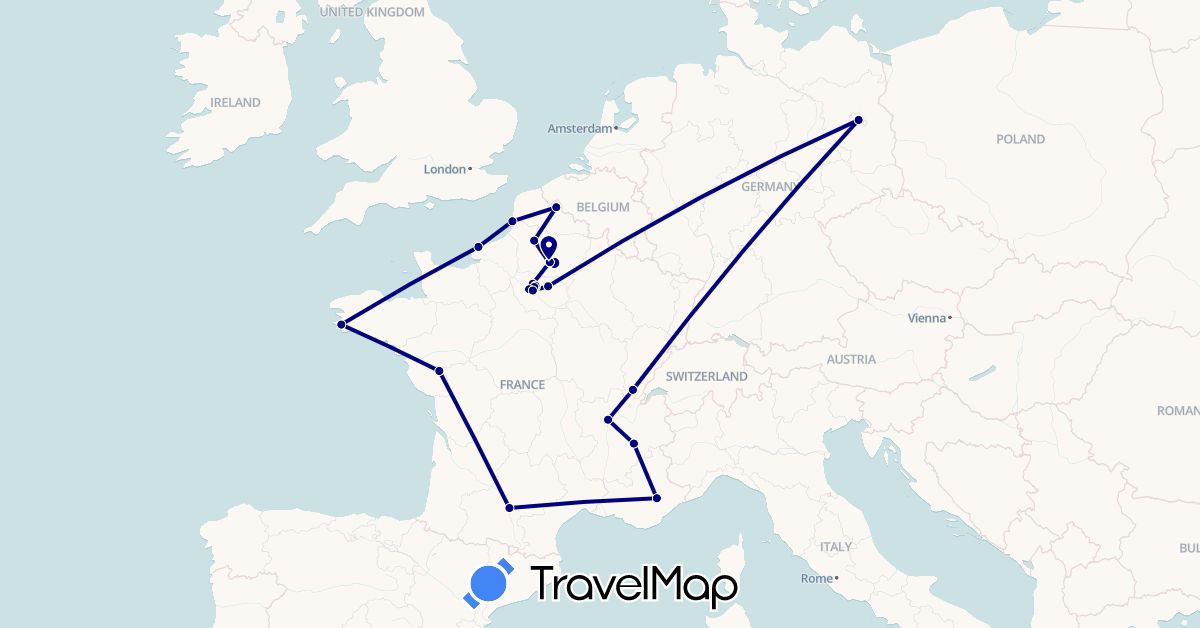 TravelMap itinerary: driving in Germany, France (Europe)